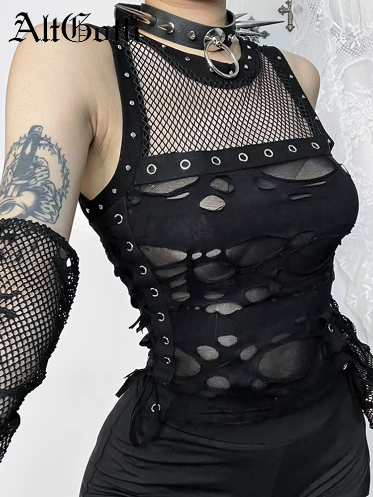 Centre commercial gothique gilet femmes Sexy trou voir à travers à lacets culture débardeurs Streetwear Cyber Punk