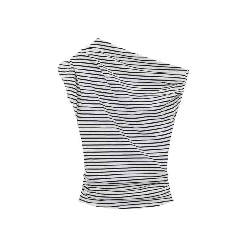 Slim Fit rayé épaule inclinée T-Shirts femmes été Chic taille cintrée en plein air Bared coréen Sle coton haut décontracté