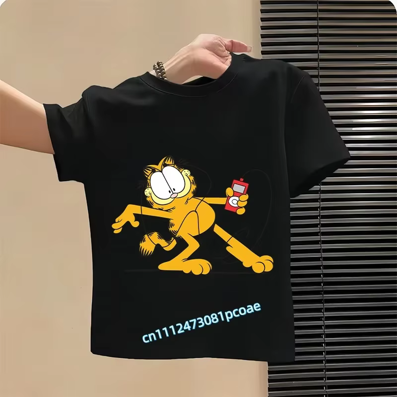 Nouveau t-shirt d'été avec imprimé de dessin animé Garfield - Chemise de sport à manches courtes en pur coton pour enfants ou haut décontracté pour filles