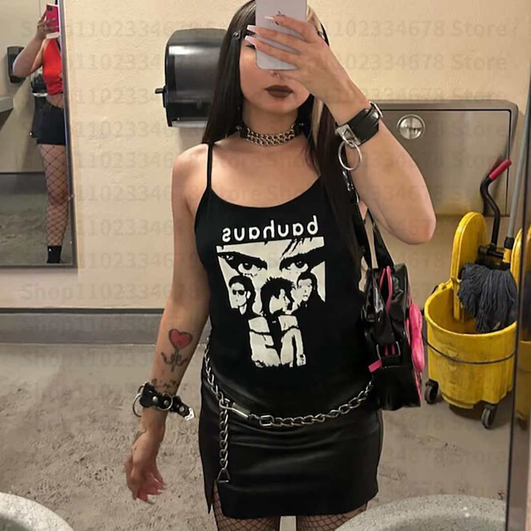 Goth Crop Top Esthétique Débardeur sans manches pour femme Gothique Lettre Imprimé Vintage Punk Grunge Fée Corset Bébé T-shirts Y2k Vêtements
