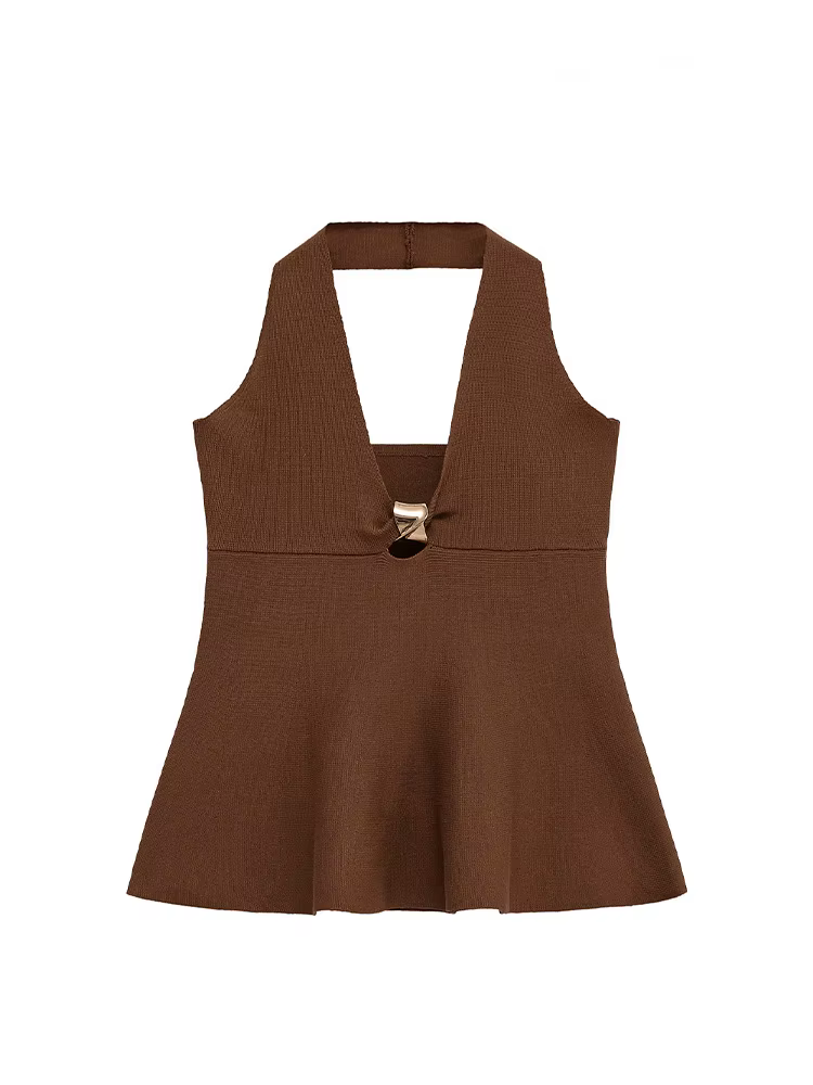 HH femmes été Simple boucle dorée Design haut femme élégant sans manches dos nu ourlet col suspendu solide