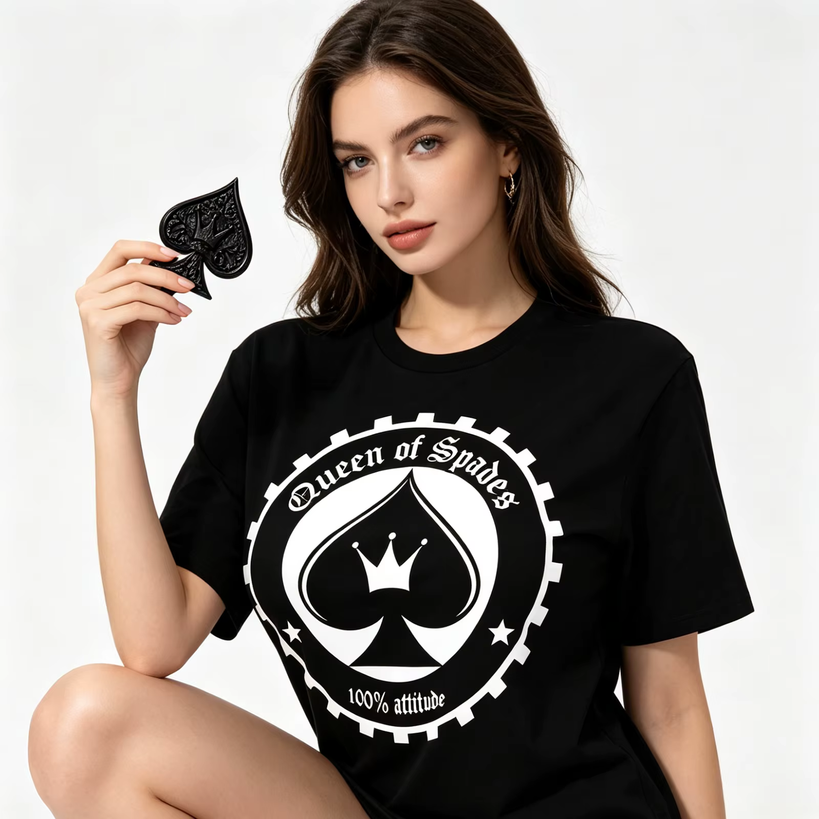 T-shirt QOS Black Spade Queen BBC Sexy Naughty Hotwife Adult Flirt Humor Oversized Short Tee Night Club Women Streetwear Top