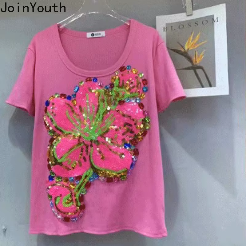 T-shirt à Manches Courtes et Col Rond pour Femme