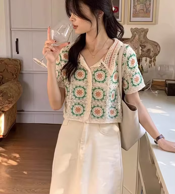Vintage Crochet tricoté culture hauts Blouse chemises pour femmes décontracté à manches courtes évider chemise été Boho plage Plaid Blusas