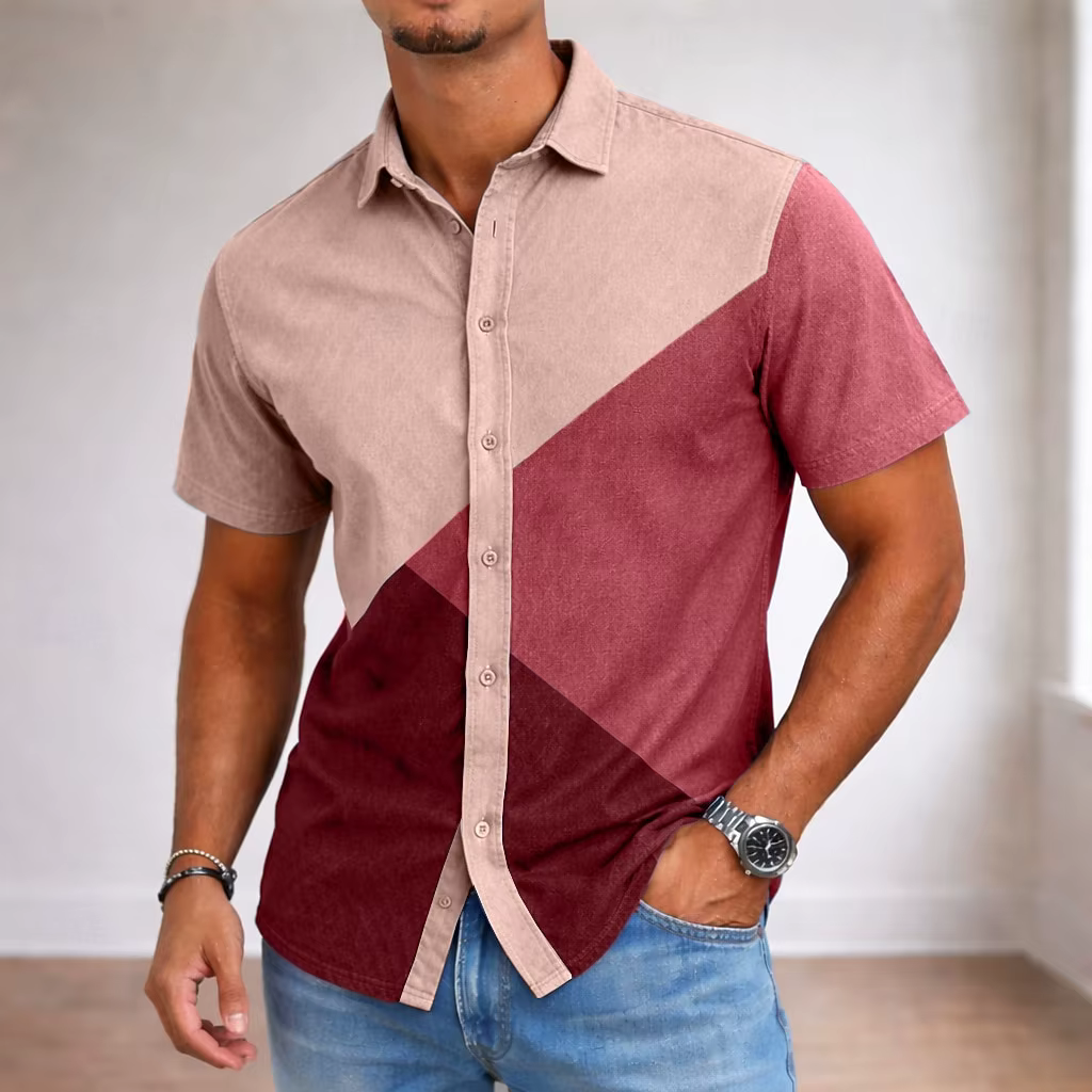 Chemise boutonnée beige et bordeaux à blocs de couleurs géométriques pour homme