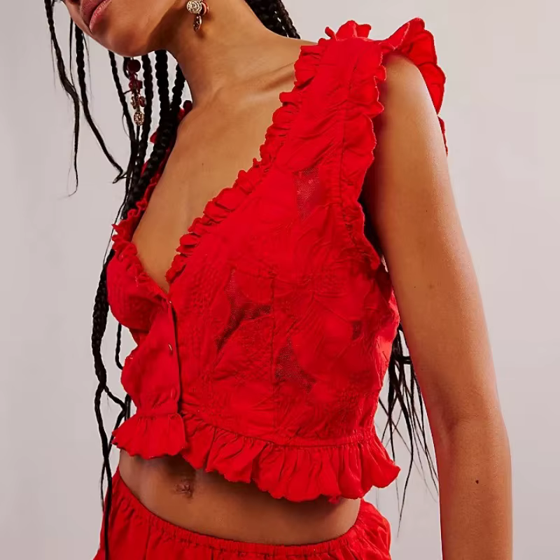 Débardeurs brodés pour femmes Y2K, crop top sans manches, gilet court à volants, hauts d'été rétro floraux, chemisier de soirée