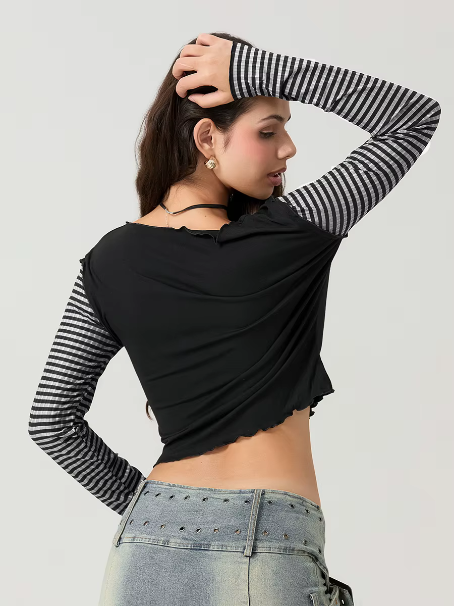 Women T-shirt Long Sleeve Crew Neck Star Stripe