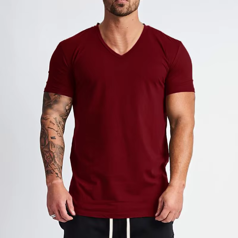Nouvelle mode col en v T-shirt hommes coton coupe ajustée à manches courtes