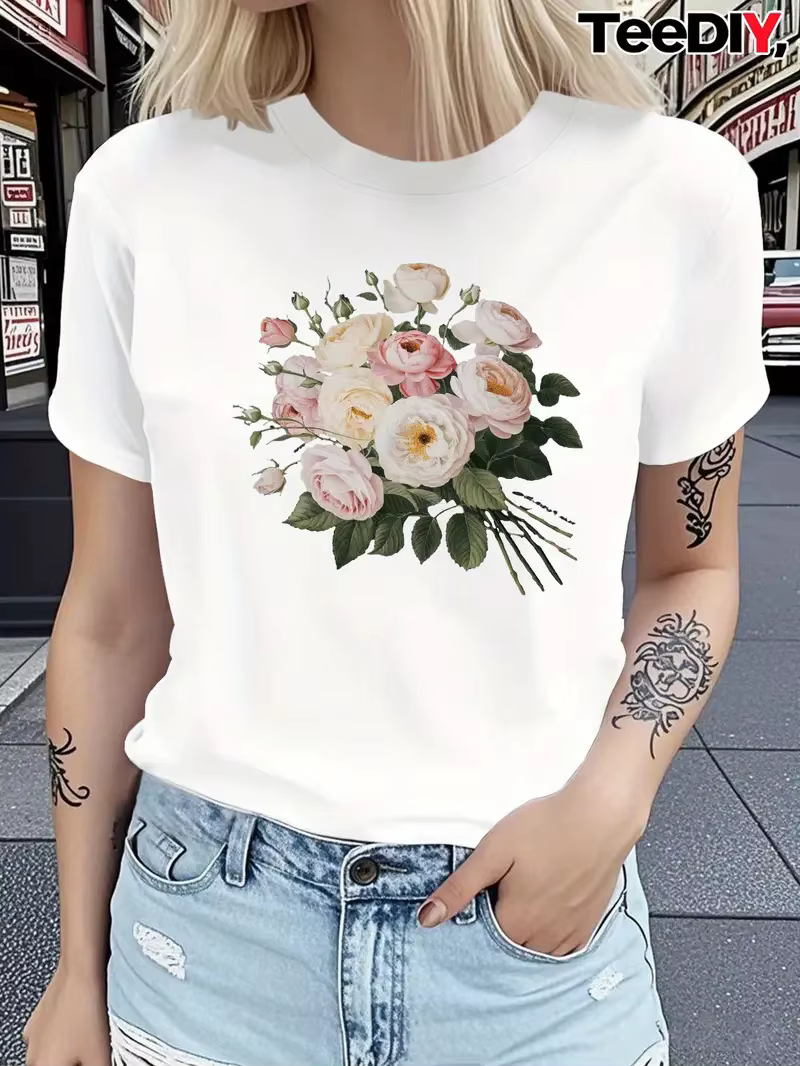 Coton 100% un nouveau T-shirt à manches courtes le plus vendu pour les vêtements pour femmes avec des fleurs de plantes européennes et américaines imprimées esthétiques