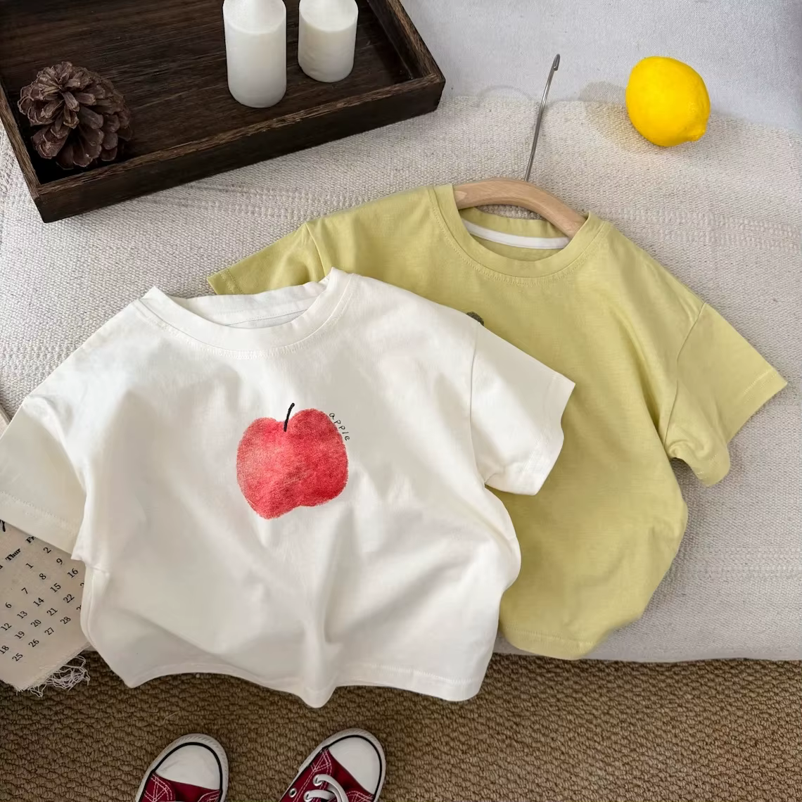 T-shirt Apple Banana pour garçons et filles, vêtements d'été mignons, col rond, haut en pur coton, t-shirts blancs et jaunes pour tout-petits