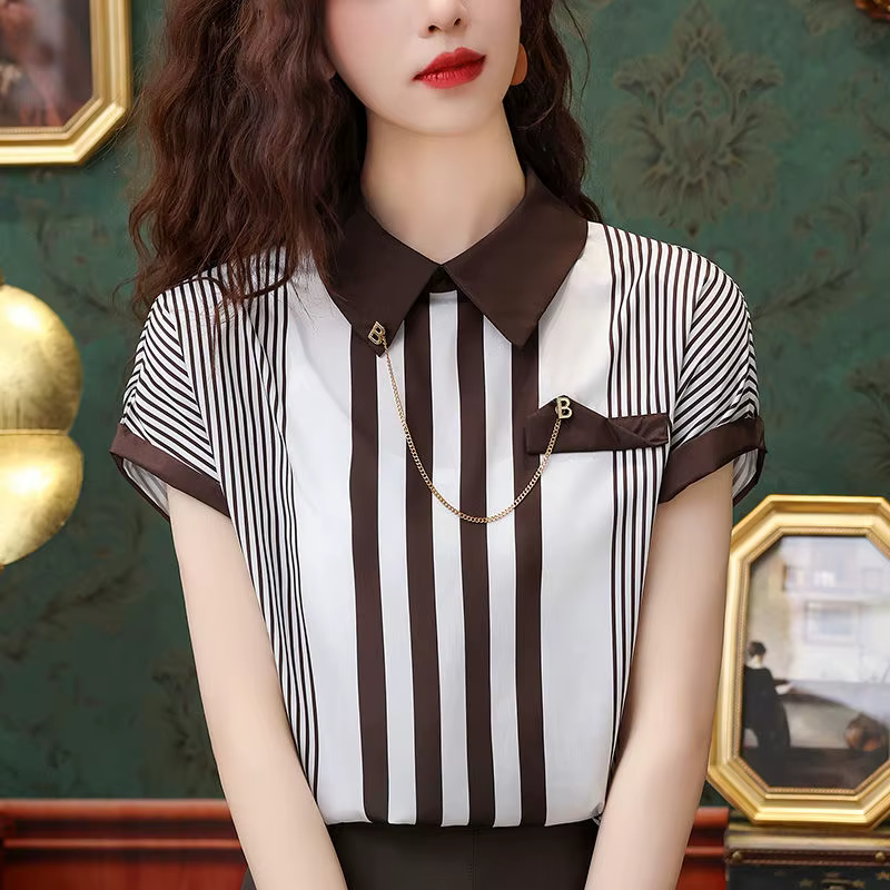 Chemise française en mousseline de soie rayée pour femmes