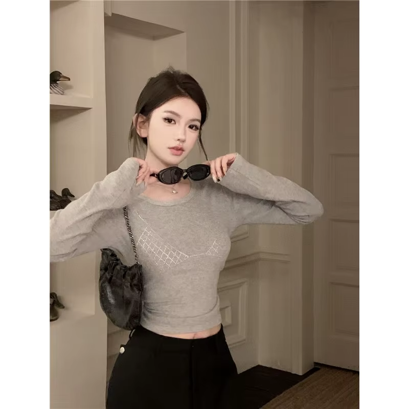 Haut orné de strass pour femme, col rond, coupe ajustée, manches longues