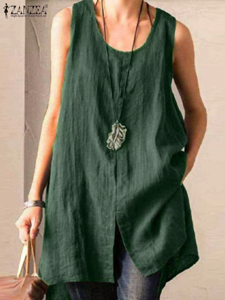 Vintage solide débardeurs hauts ample plage Blusas coton Camis tunique ZANZEA femmes sans manches Blouse été Chemise