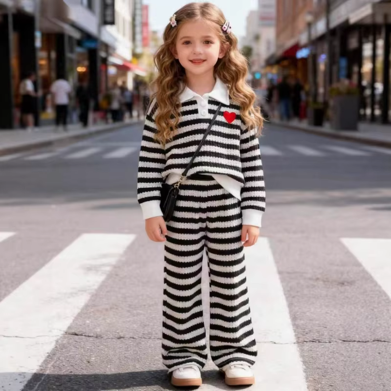 Ensemble deux pièces pour enfants, T-shirt à manches longues et col Polo rayé noir et blanc, nouvelle collection printemps/été 2026