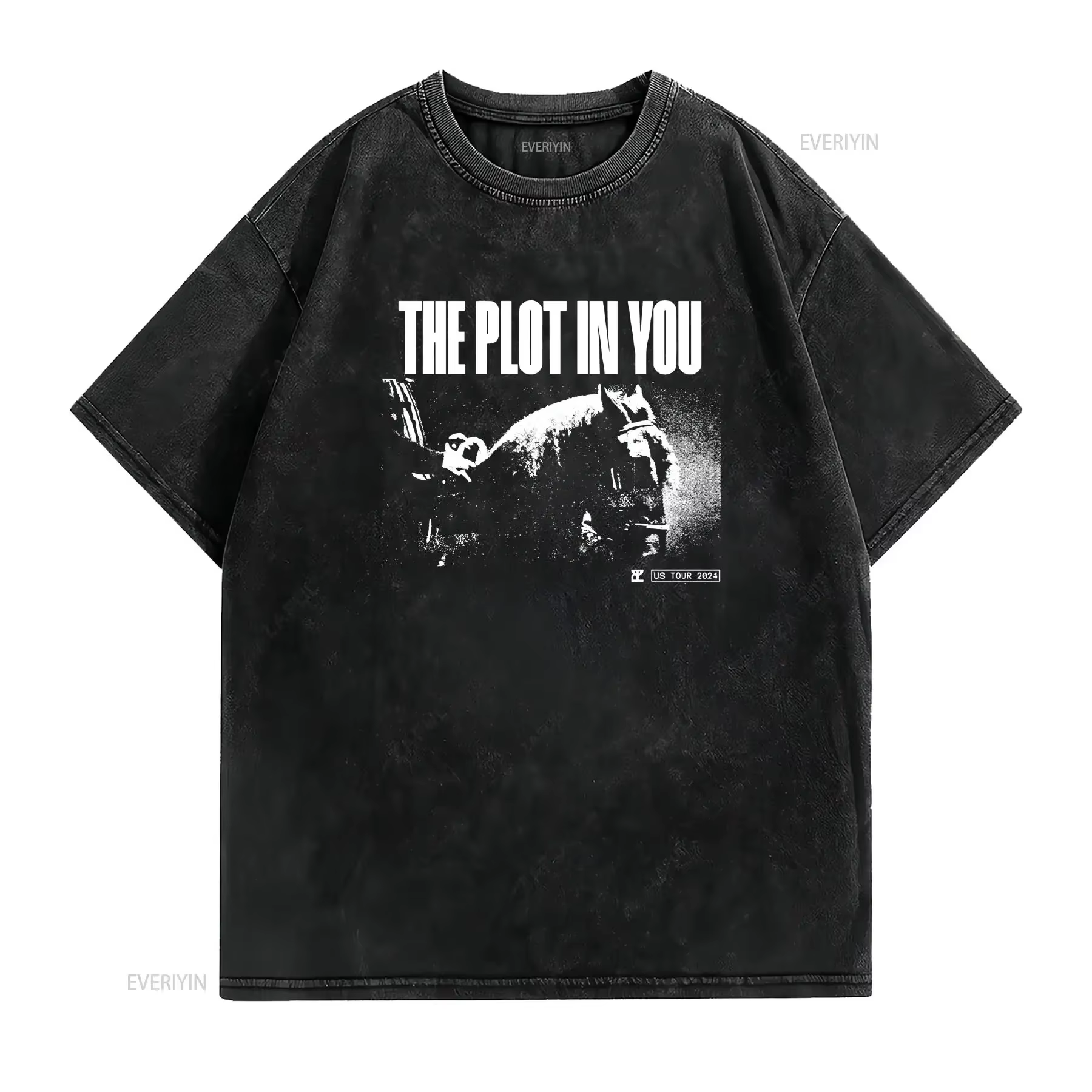 T-shirt The Plot in You Fall 2024 Tour noir S-5XL 1B0263 vintage délavé légèrement vieilli pour le quotidien streetwear décontracté doux