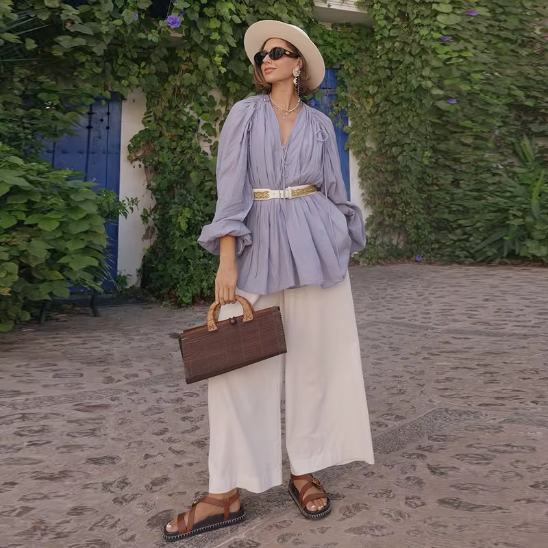 Haut pour femme à manches lanternes, col en V, avec lien, manches longues, cardigan plissé à cordon de serrage, coupe ample, style minimaliste uni