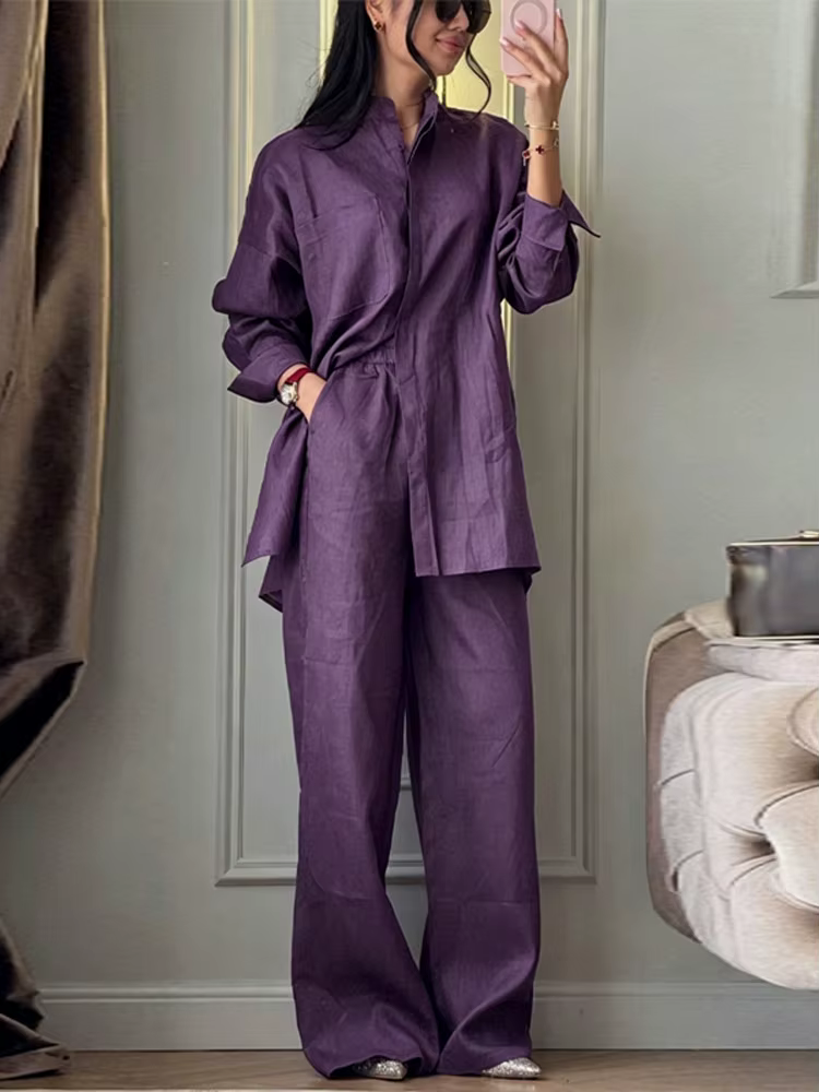Ensemble pantalon femme style Old Money : chemise à col montant et manches longues