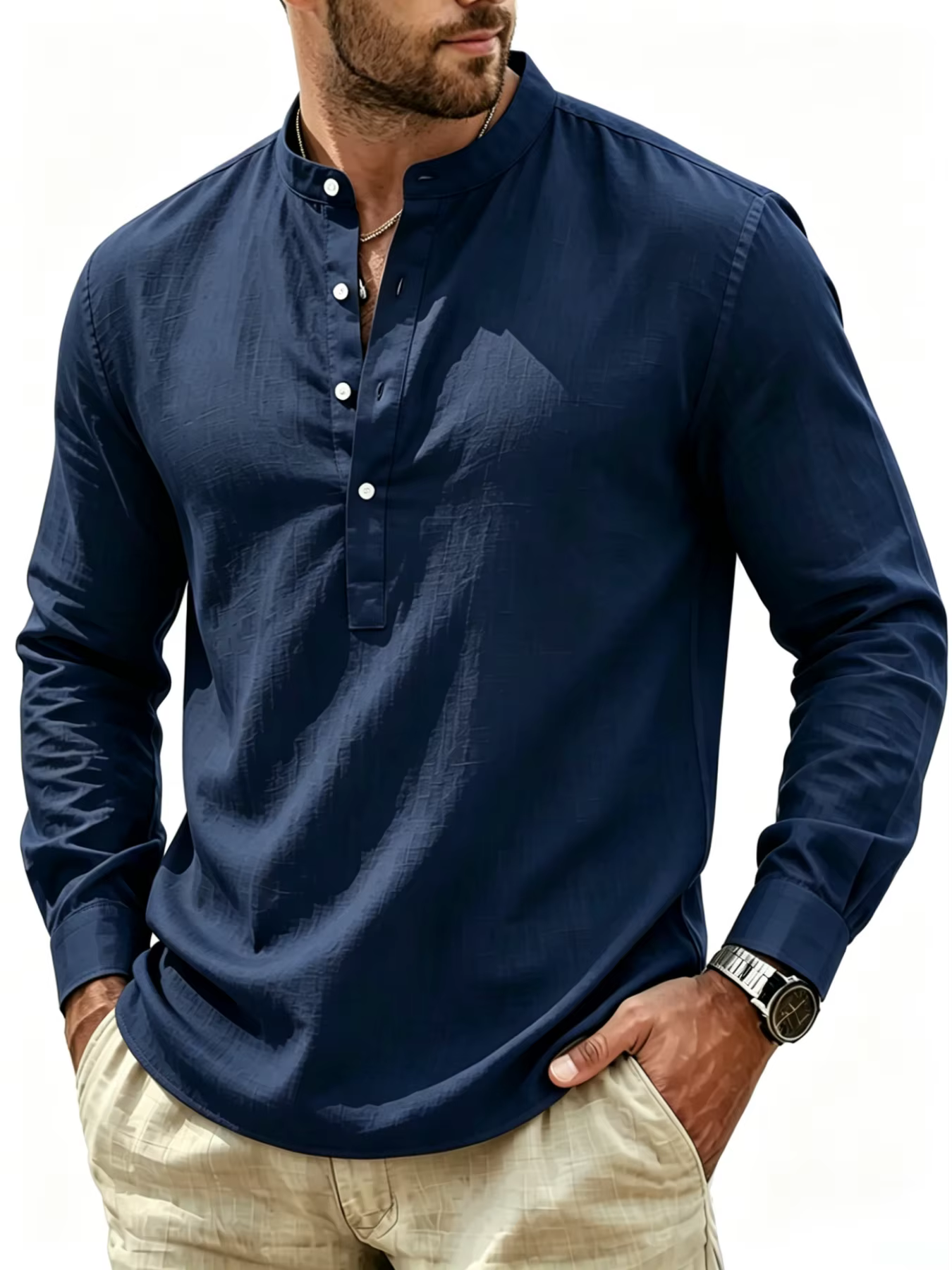Chemise à col Henley à manches longues pour homme