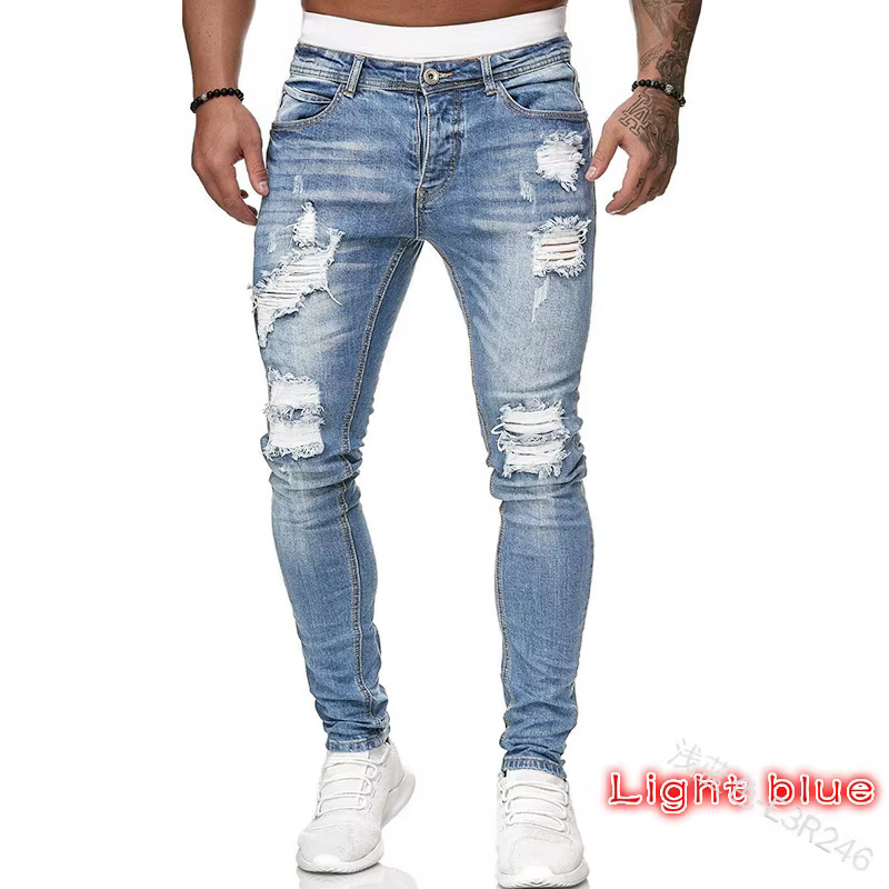 Hommes jean genou trou déchiré Stretch maigre Denim pantalon couleur unie noir bleu automne été Hip-Hop Style Slim Fit