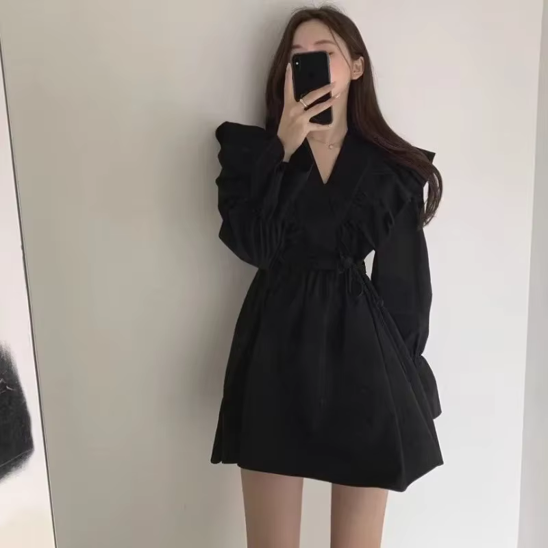 Femme robe à manches longues cravate élastique sensuel Sexy esthétique de haute qualité luxe épais chaud pas cher décontracté robes à volants pour les femmes