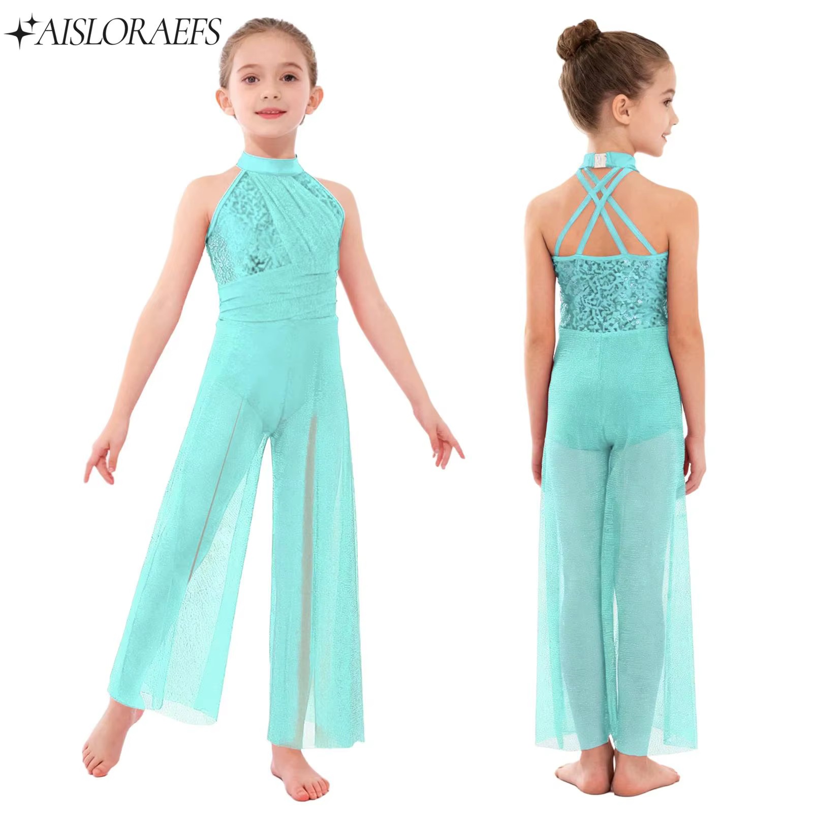Combinaison de danse lyrique sans manches pour filles, Costume de Performance moderne, corsage à paillettes, maille scintillante, combinaison à jambes larges fendues