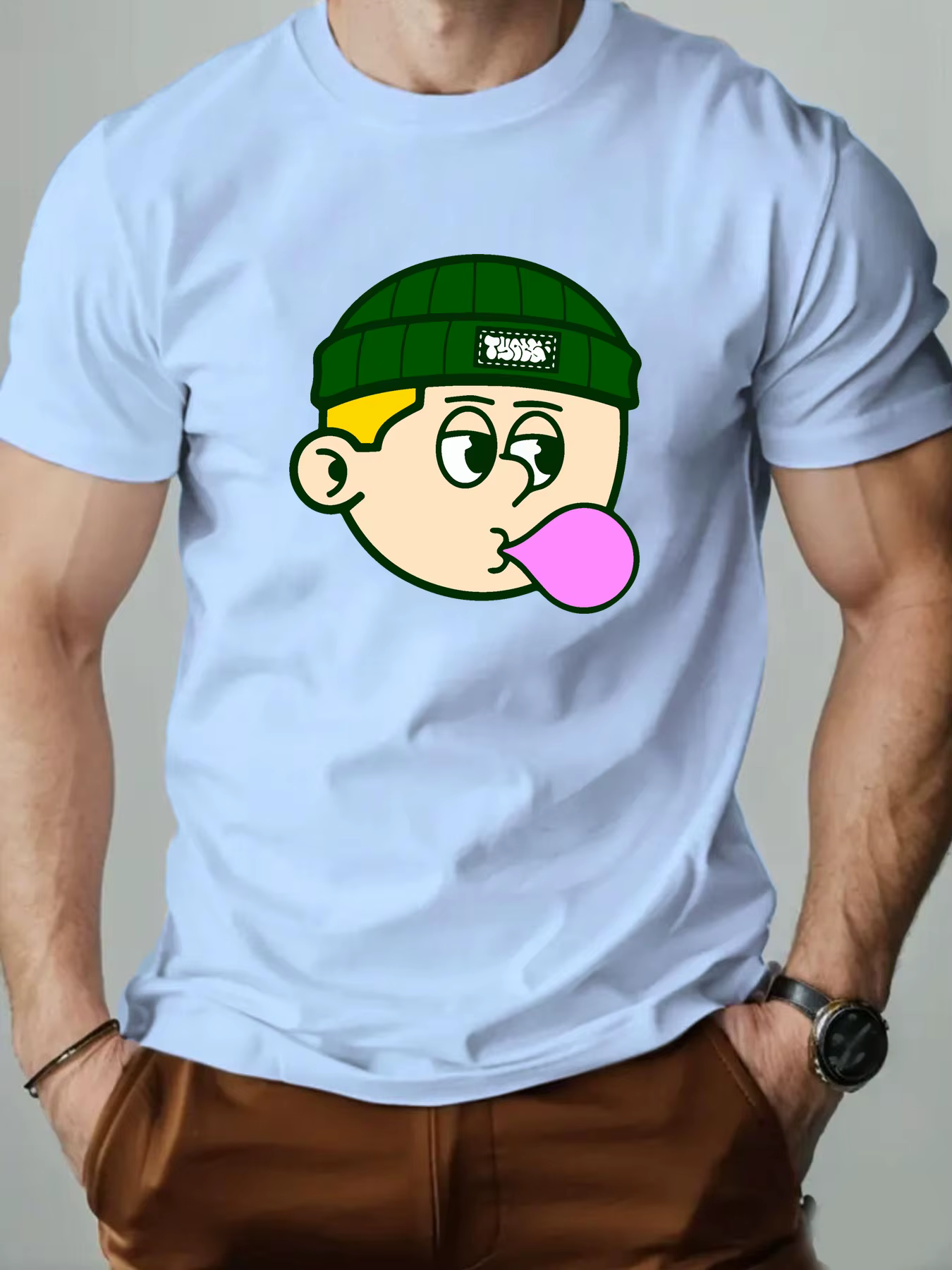 T-shirts en coton pour hommes bulles de soufflage dessin animé imprimé T-Shirt col rond respirant Streetwear mode haute
