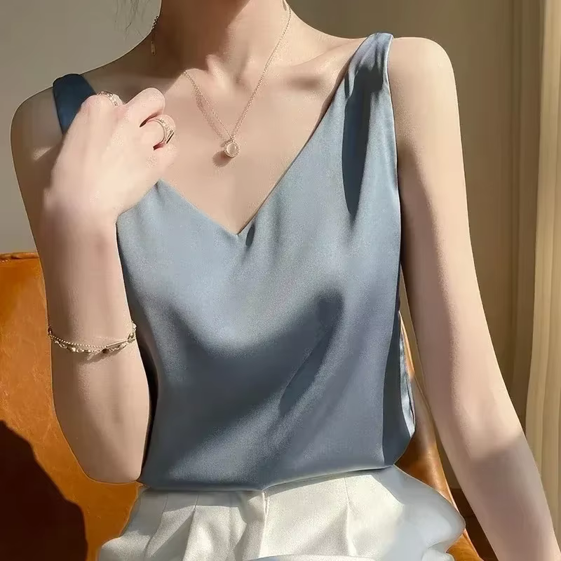 Débardeurs pour femmes sans manches col en V Satin soie Camisole mode été solide gilet ample dames hauts Streetwear