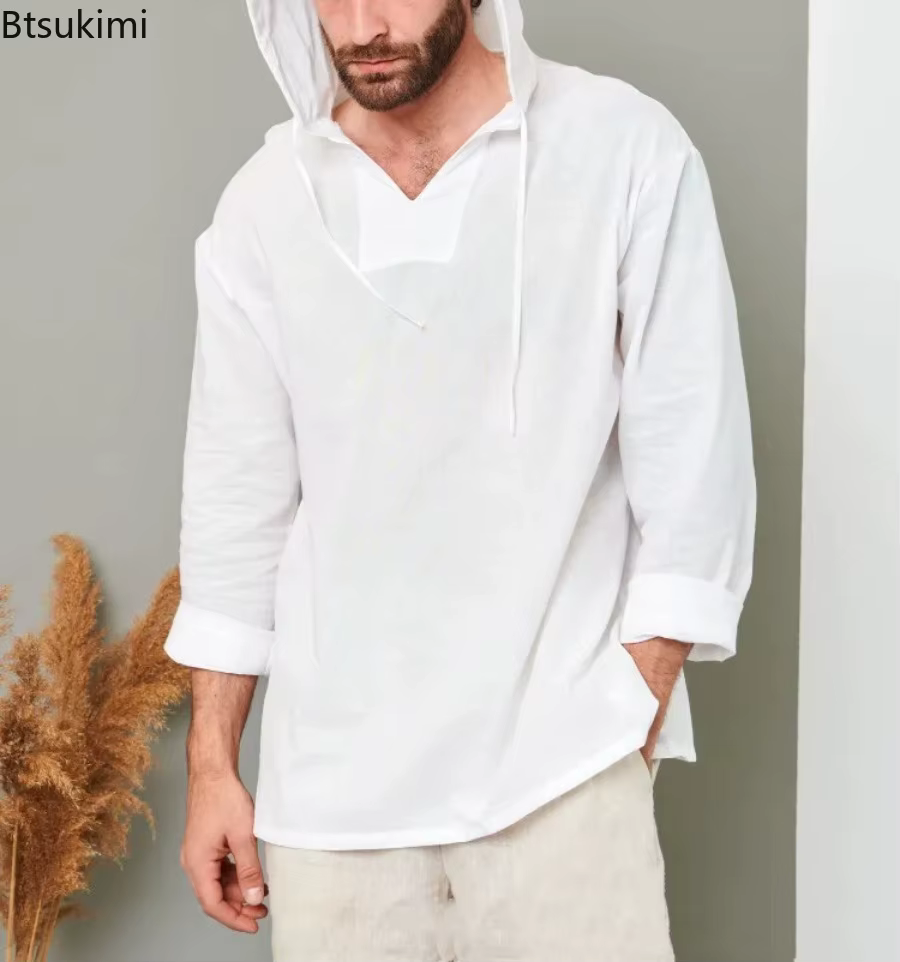 Chemise à capuche en lin et coton pour homme