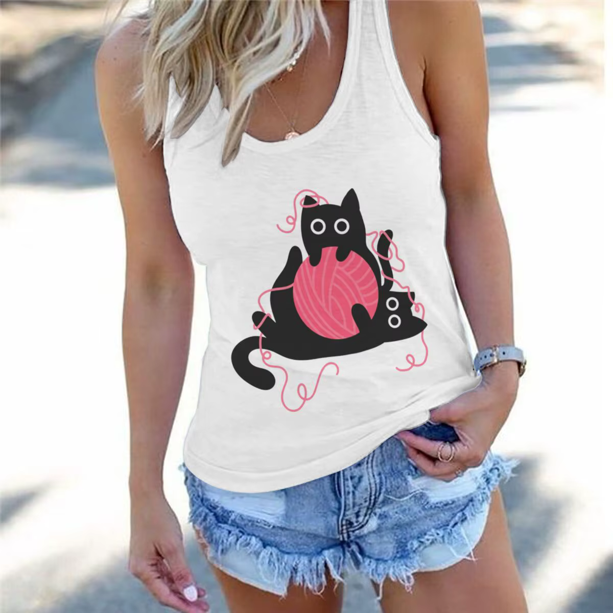 Débardeur graphique chat noir amusant pour femme