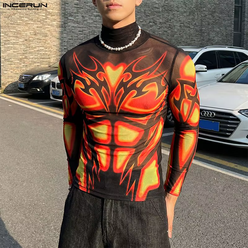INCERUN T-shirt imprimé à col roulé pour hommes