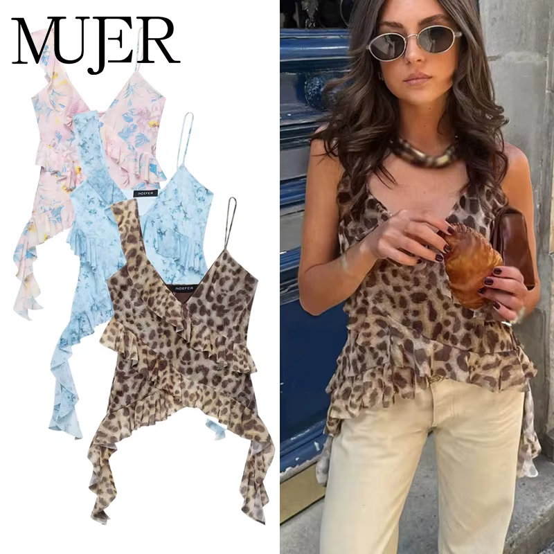 MUJER imprimé léopard haut à volants femmes Sexy dos nu Tulle hauts pour femme Camisole