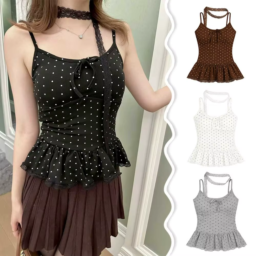Nouveau débardeur camisole à pois avec nœud et dentelle, coupe ajustée, sexy, col en V, avec ruban