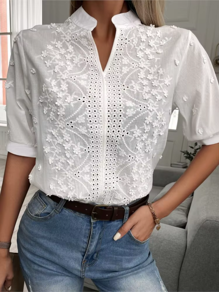 Chemisier élégant à manches courtes et col en V pour femmes, chemise en dentelle pour femmes, haut blanc, décontracté, bureau, fête, t-shirts pour femmes, nouvelle mode, été