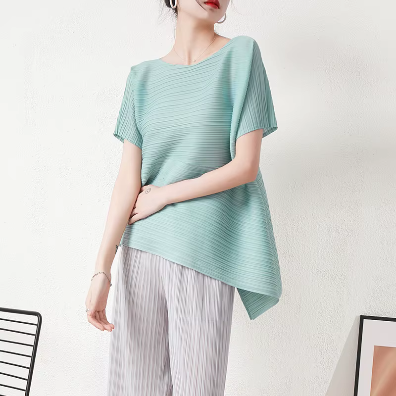 Miyake haut court plissé 2025 été nouveau Design irrégulier ample grande taille col rond T-shirt à manches courtes
