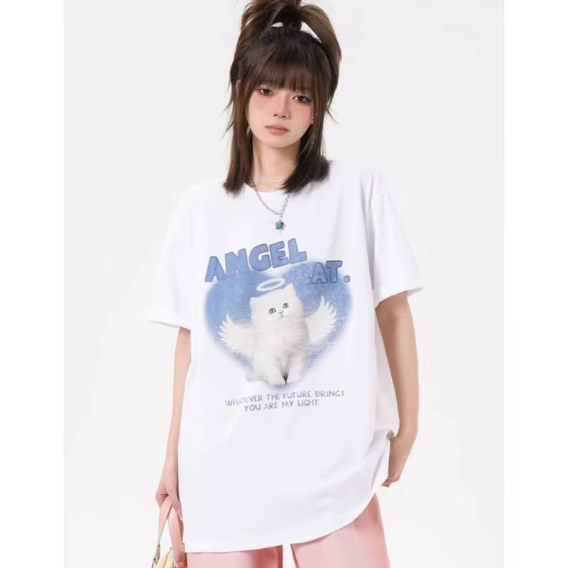 T-shirt imprimé chat ange mignon pour hommes et femmes pur coton mode d'été tendance décontracté confortable Couple haut à manches courtes Harajuku