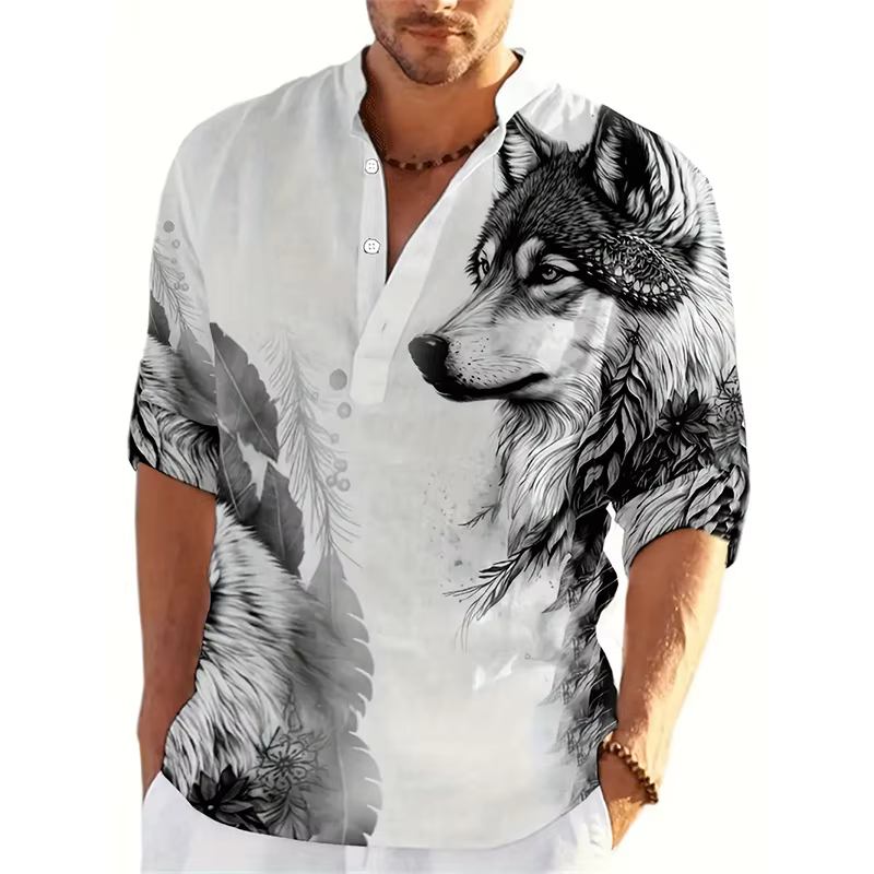 Animal loup 3D imprimé Henley chemises hommes mode Streetwear surdimensionné col montant à manches longues chemise hauts chemisier homme vêtements