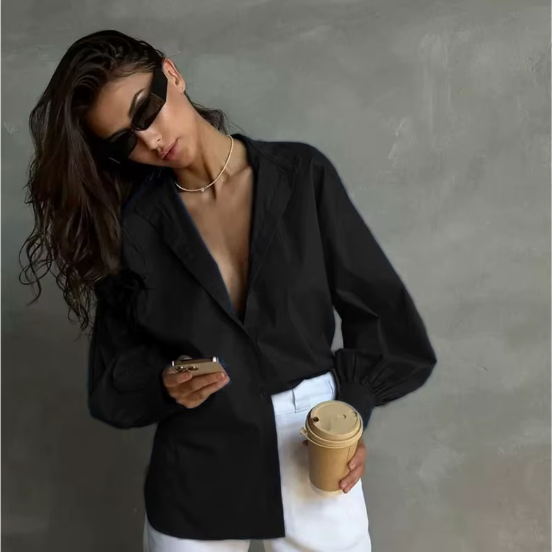Élégant lanterne manches femmes chemise blanche 2025 nouvelle mode Streetwear surdimensionné Blouses décontracté col montant ample femmes chemises