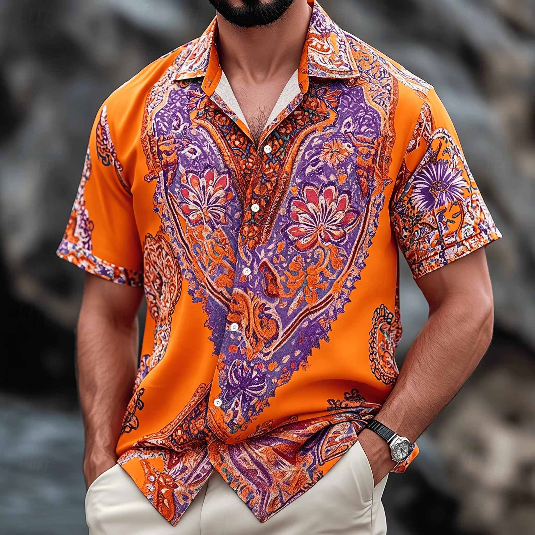 Chemise à imprimé floral ethnique style bohème 3D, chemise boutonnée pour homme d'été, convient pour une tenue décontractée en plein air, style unisexe.