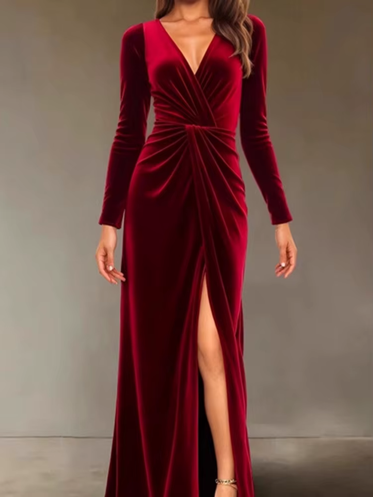 Robe de soirée en velours pour femmes, col en v, Slim, torsadé, taille haute, Sexy, couleur unie, plissée, robes trapèze, nouvelle collection automne hiver 2025