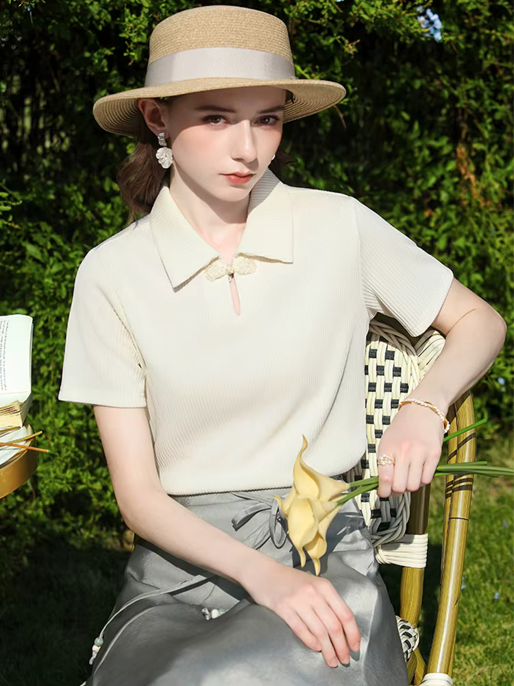 I BELIEVE YOU T-shirt polo côtelé beige pour femme