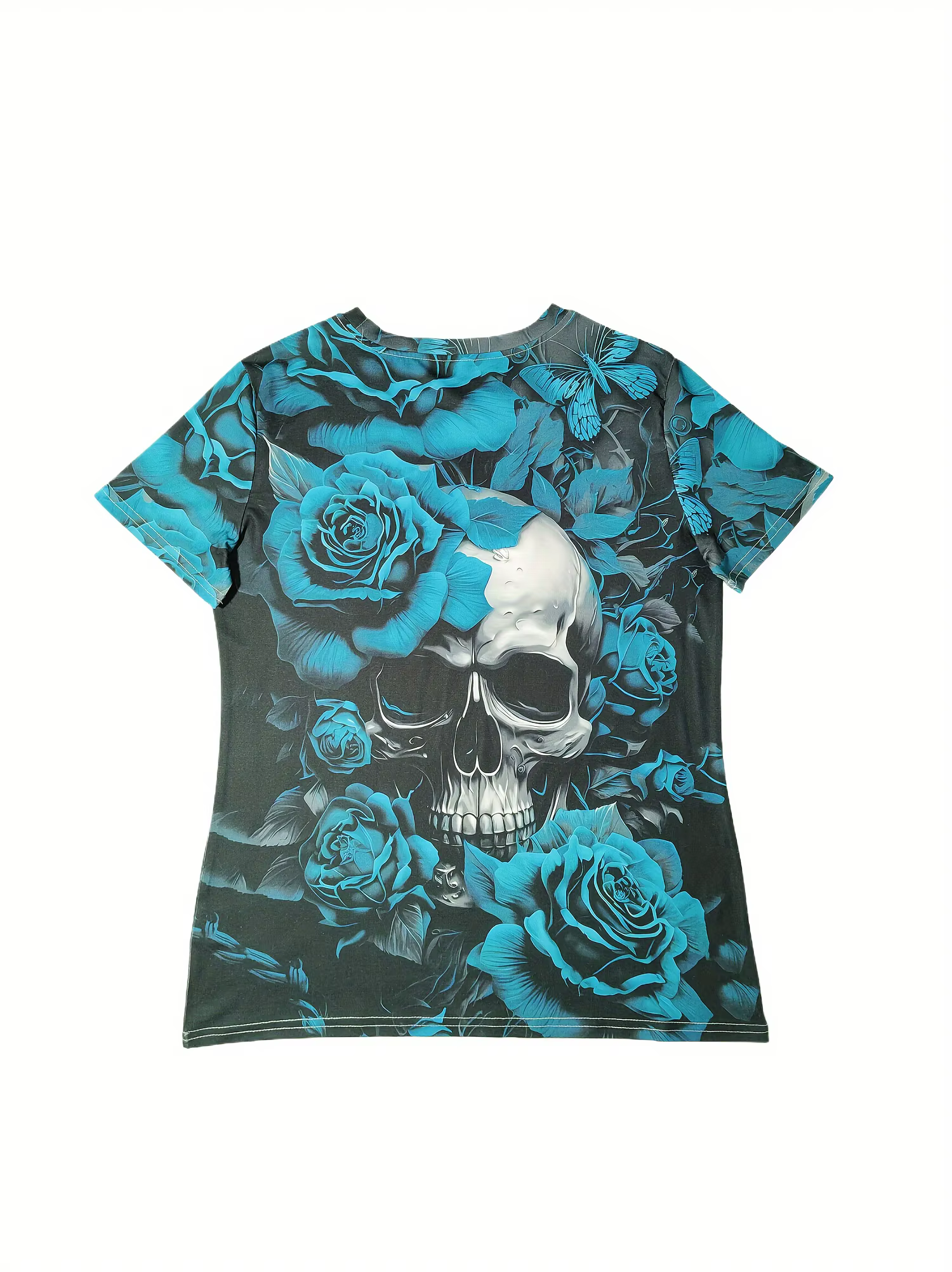 T-shirt pour femme - Motif tête de mort et rose turquoise