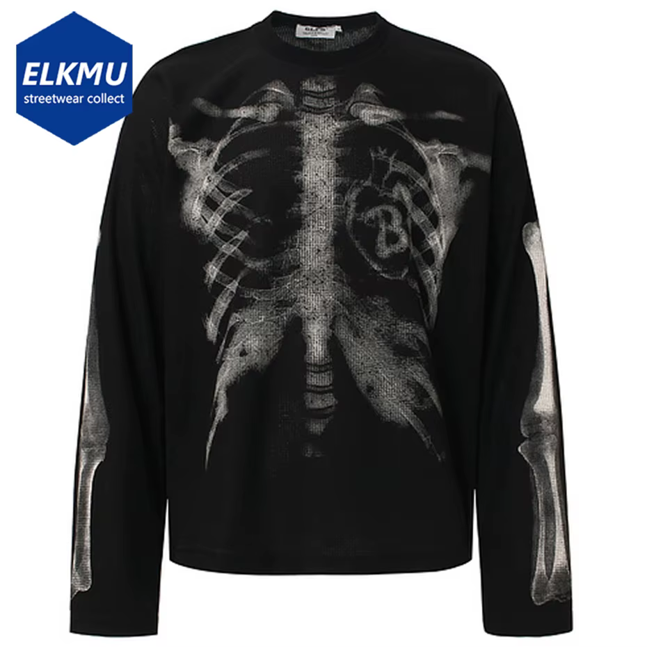 Squelette graphique T-shirts hommes Streetwear Harajuku Hip Hop surdimensionné T-shirts à manches longues t-shirt hauts noir Beige