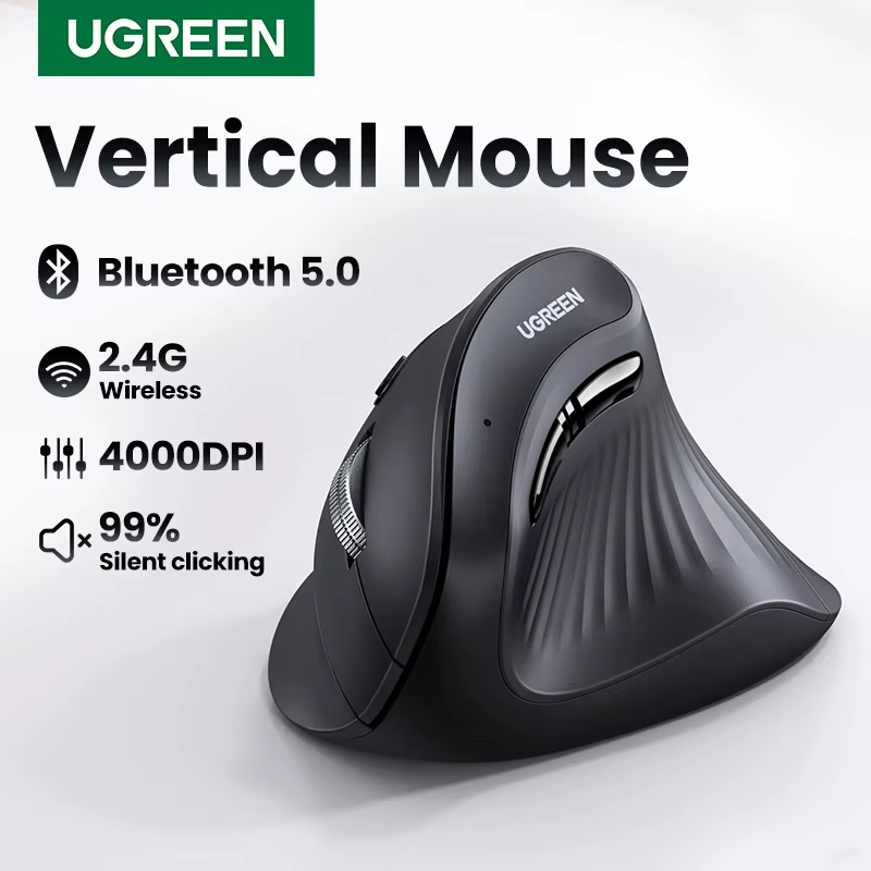 Souris verticale sans fil rechargeable UGREEN Bluetooth 5.0 2.4G ergonomique 4000 DPI pour MacBook, tablettes, ordinateurs portables, ordinateurs PC