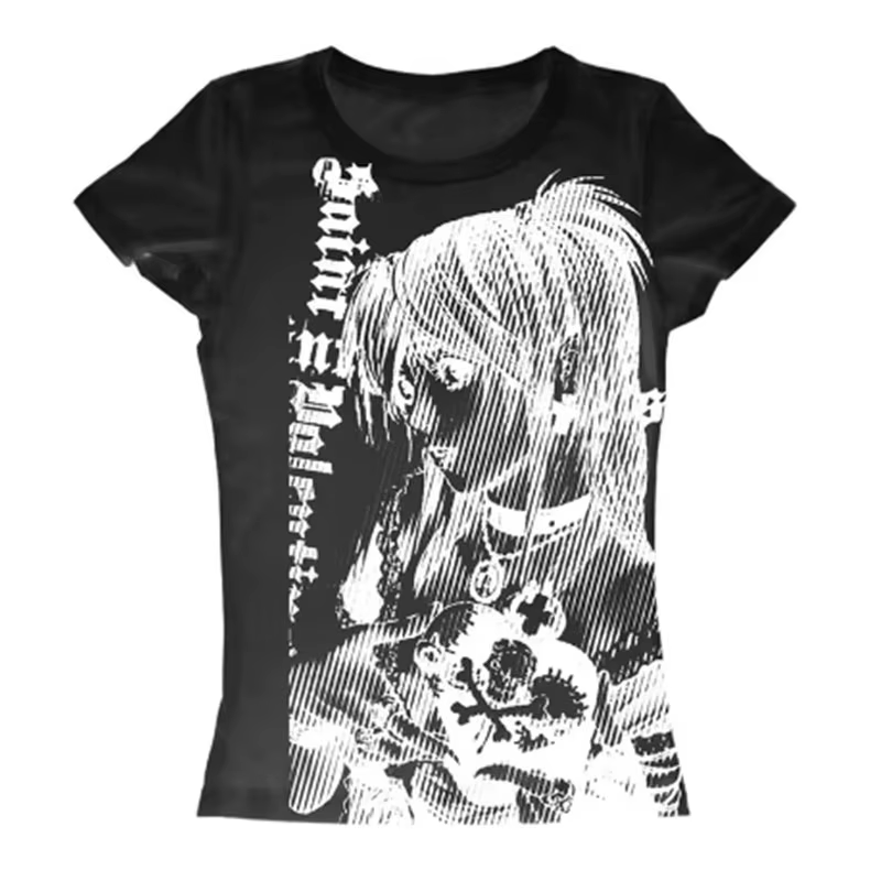 Y2k anime Streetwear col rond 90s texte impression hauts femmes Harajuku vêtements Simple Vintage T-shirt court