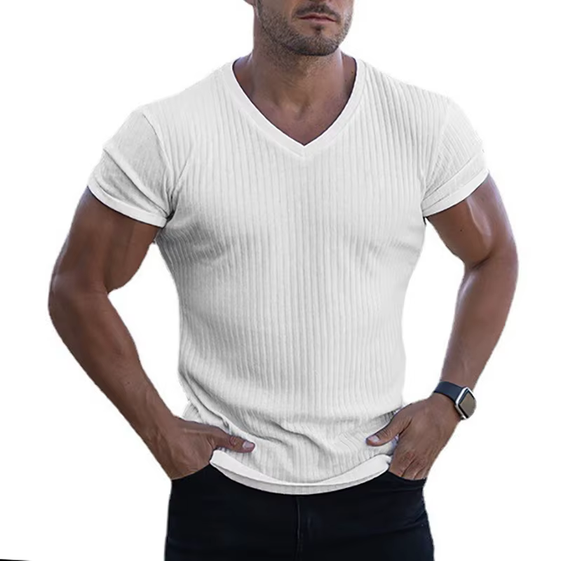 Hommes col en V à manches courtes T-shirt Fitness coupe ajustée sport