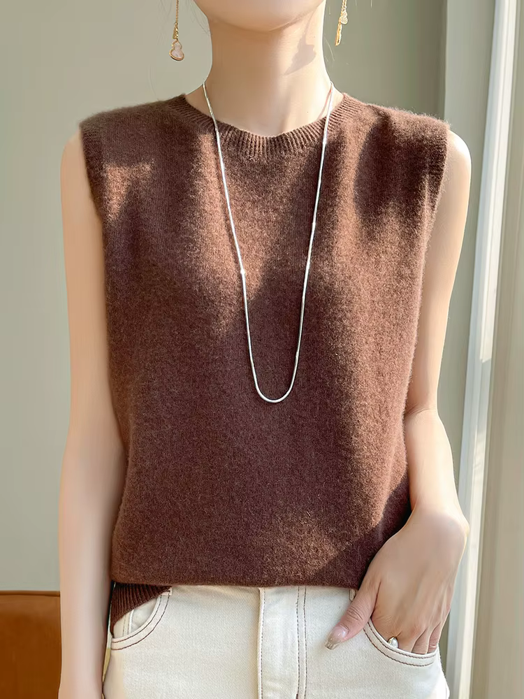 Femmes laine gilet printemps été col rond sans manches pull