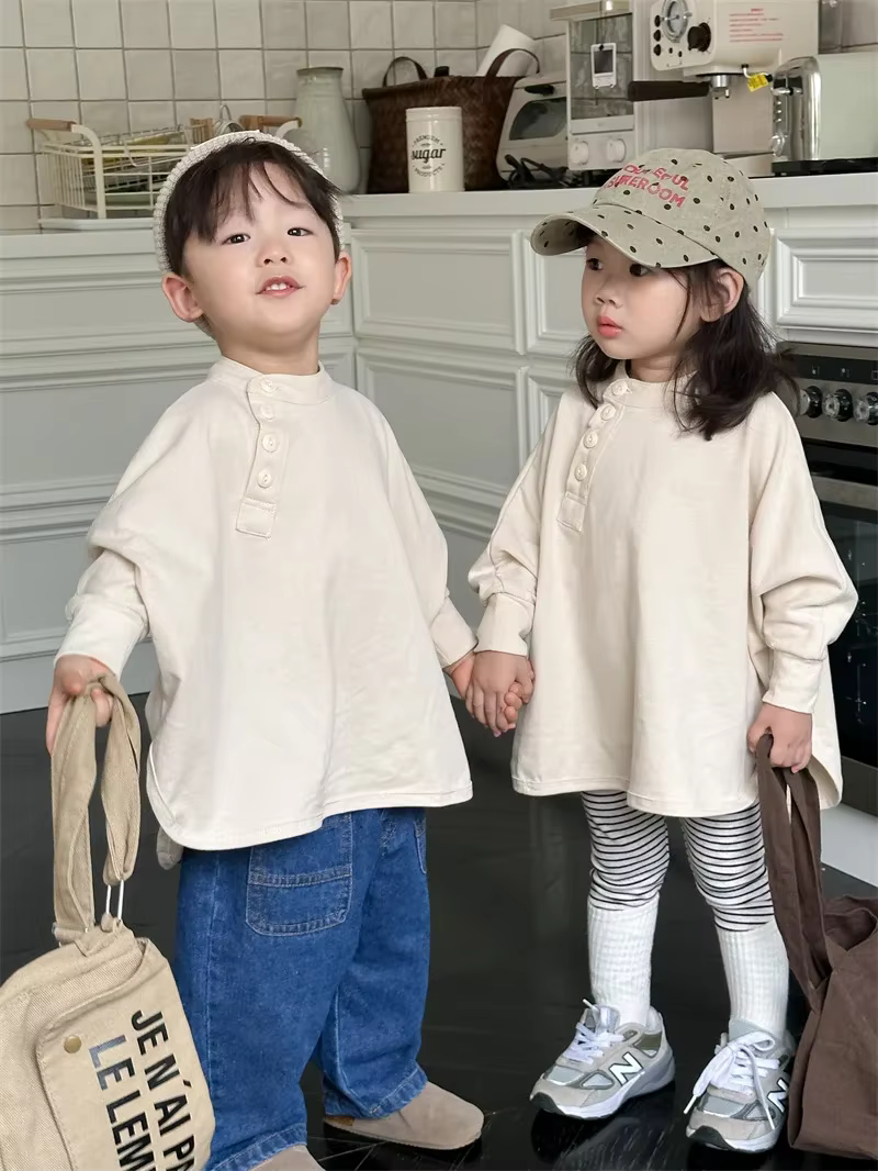 7360 enfants T-shirt automne nouveau coton brossé couleur unie garçon