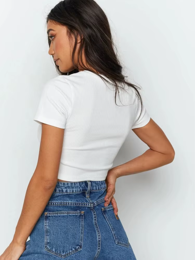 T-shirt manches courtes col rond femme, streetwear, basique, sexy, décontracté, blanc, noir, été