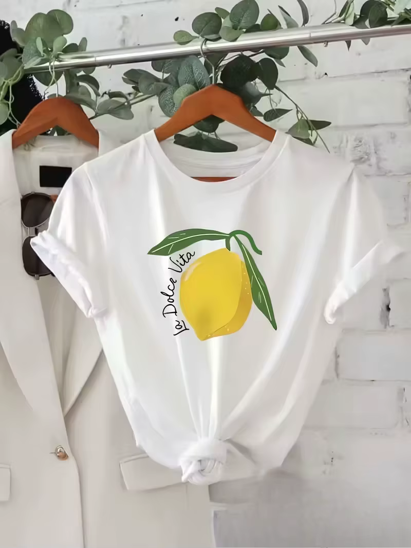 T-shirt imprimé citron pour femme – Manches courtes légères et respirantes
