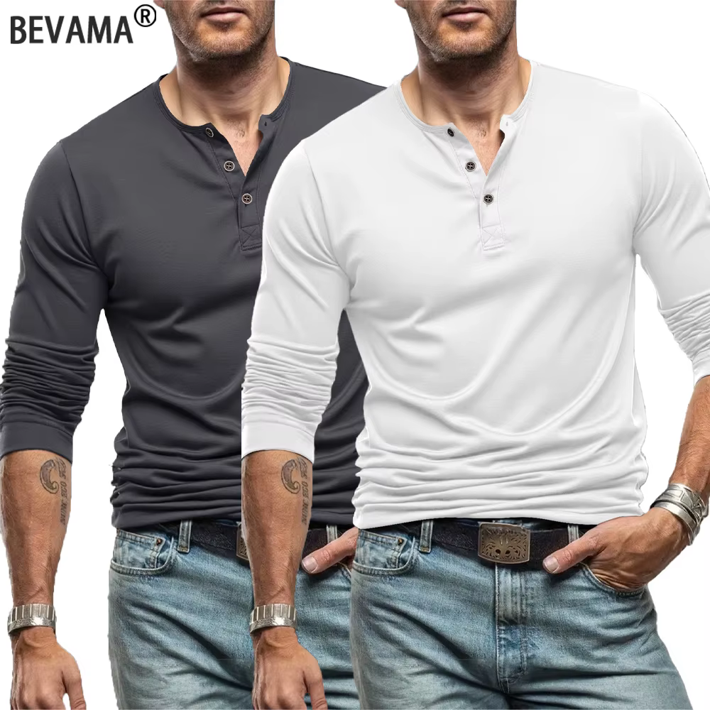 T-Shirt homme manches longues hauts t-shirts de rue col Henley bouton sport